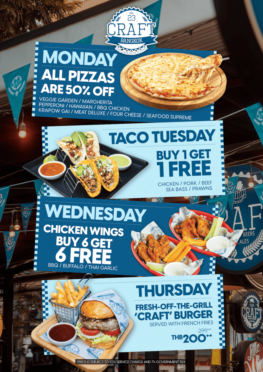 Monday to Thursday food promos — Pizza, Tacos, Wings & Burgers